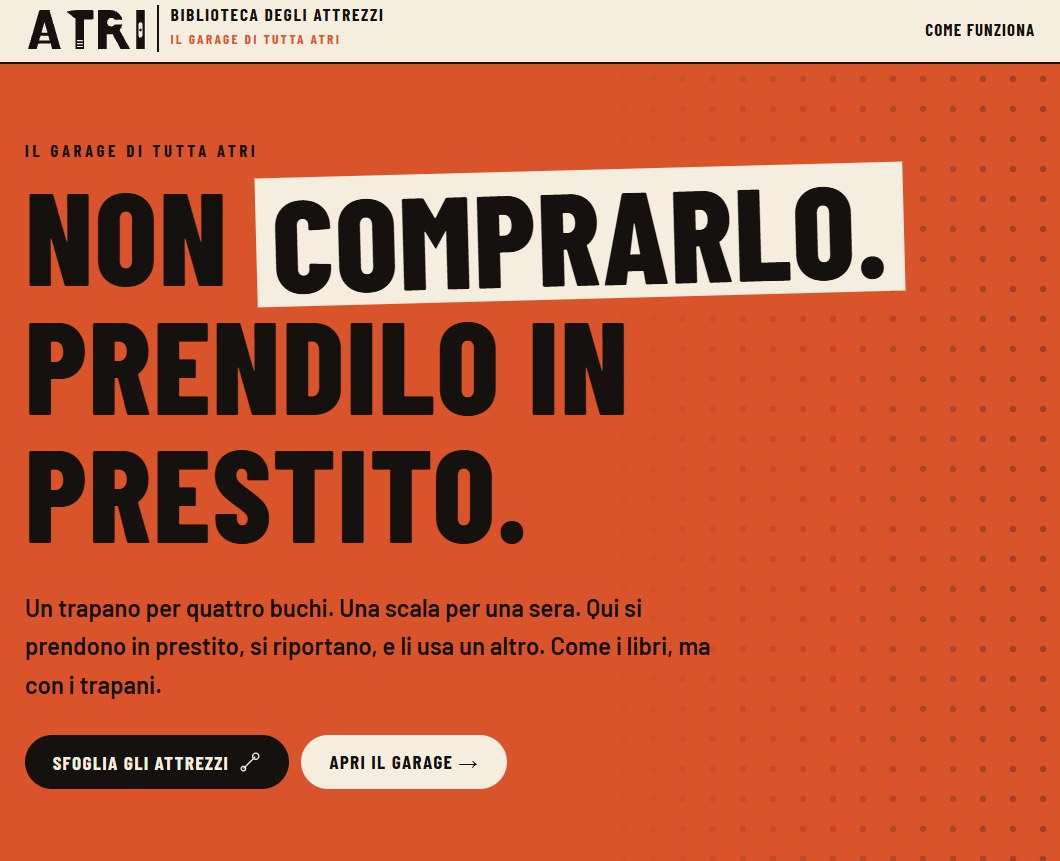 Preview of the website mockup: the ATRI logo, the headline “Don't buy it. Borrow it.” (shown in Italian in this image) and the payoff “Everyone's garage in Atri” on a terracotta background.