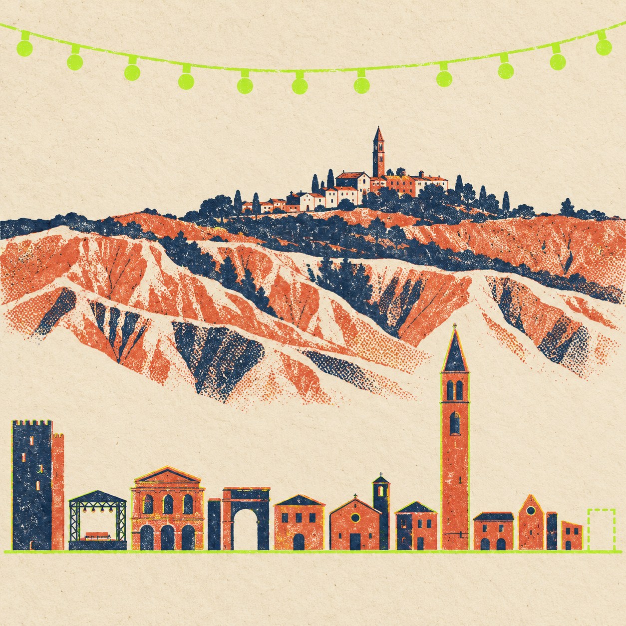 Illustrazione a stampa: sopra, un borgo collinare con un alto campanile e i calanchi d'Abruzzo, con una fila di luminarie; sotto, una fila di edifici ed edicole di dimensioni diverse allineati su una base, e a destra un riquadro vuoto tratteggiato, della stessa fila, senza alcun edificio