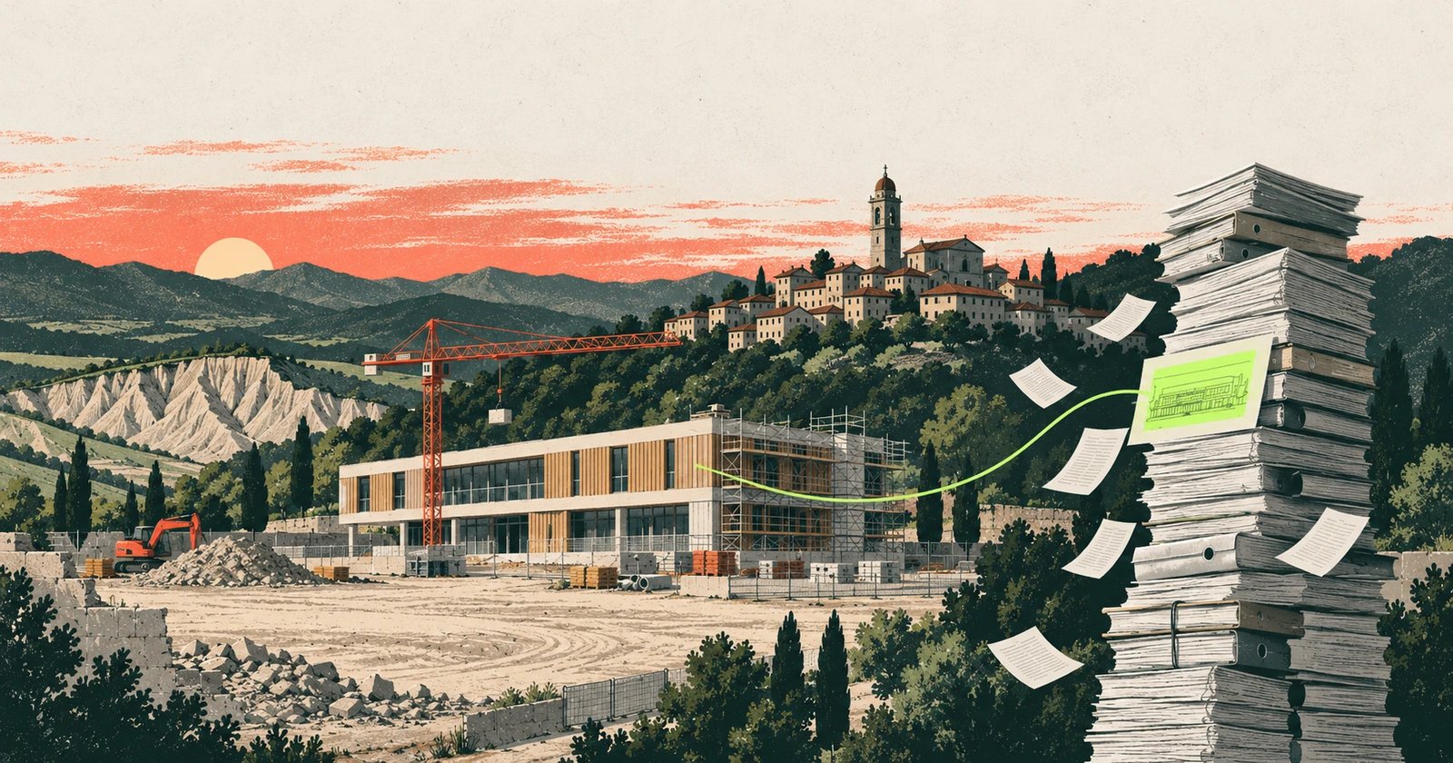 Print-style illustration: a hill town with a tall bell tower at sunset; in the foreground a building site with a modern timber school, scaffolding, a crane and an excavator; on the right a very tall stack of folders and papers, with one sheet highlighted in lime green linked to the school by a thread