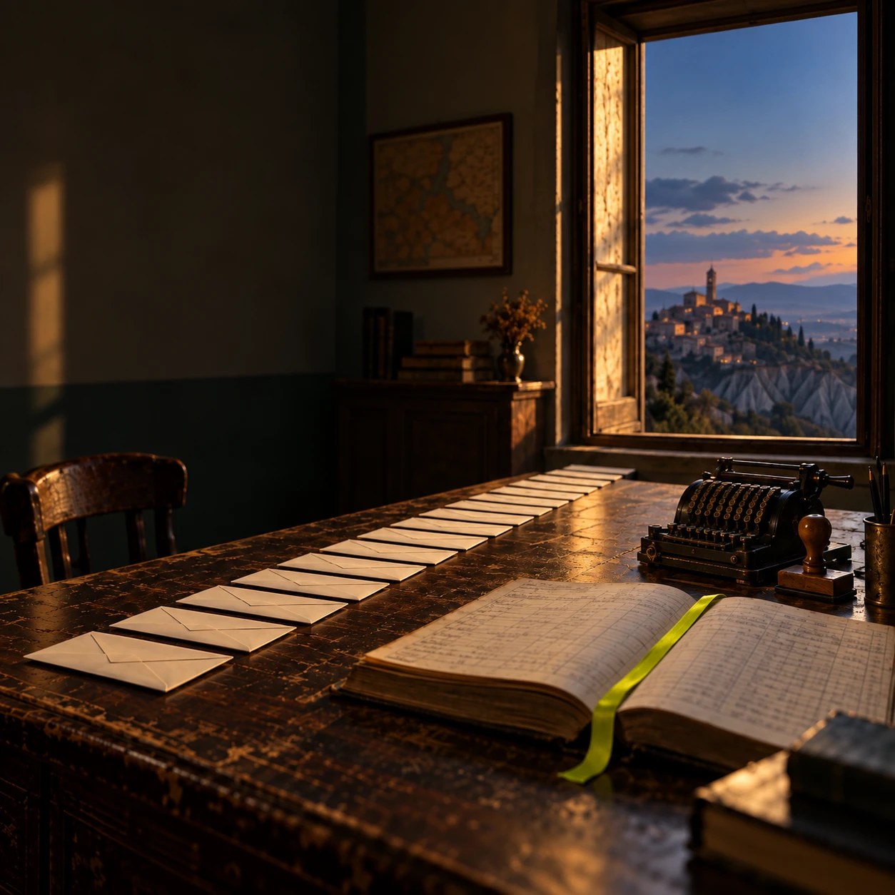 Una lunga fila di buste bianche identiche su una scrivania comunale di legno scuro, accanto a un registro contabile aperto con un segnalibro verde lime; dalla finestra, al tramonto, si vede un borgo collinare con un alto campanile e i calanchi
